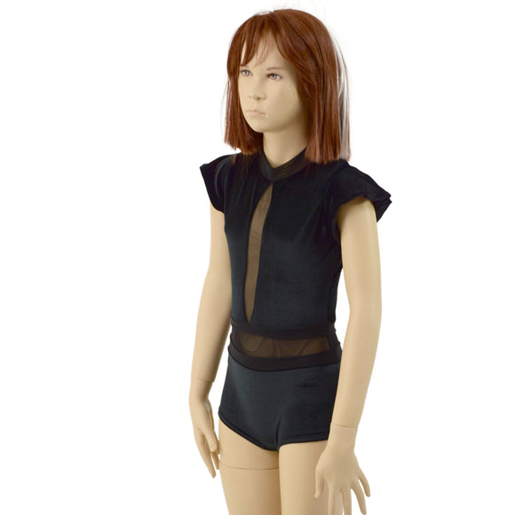 Girls Black Velvet Romper with Inset Keyhole and Mesh Waistband - Coquetry Clothing