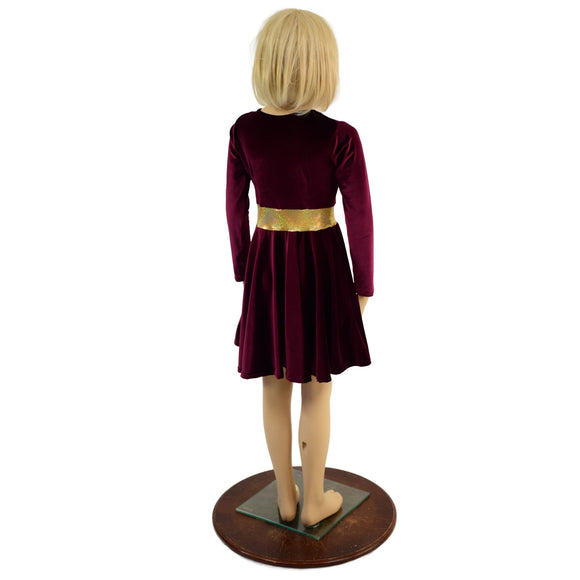 Girls Burgundy and Gold Velvet Skater Dress - Coquetry Clothing