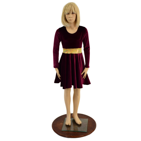 Girls Burgundy and Gold Velvet Skater Dress - Coquetry Clothing