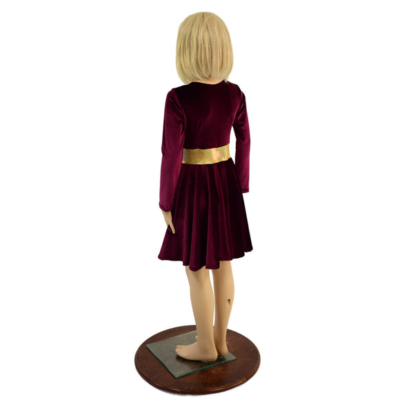 Girls Burgundy and Gold Velvet Skater Dress - Coquetry Clothing