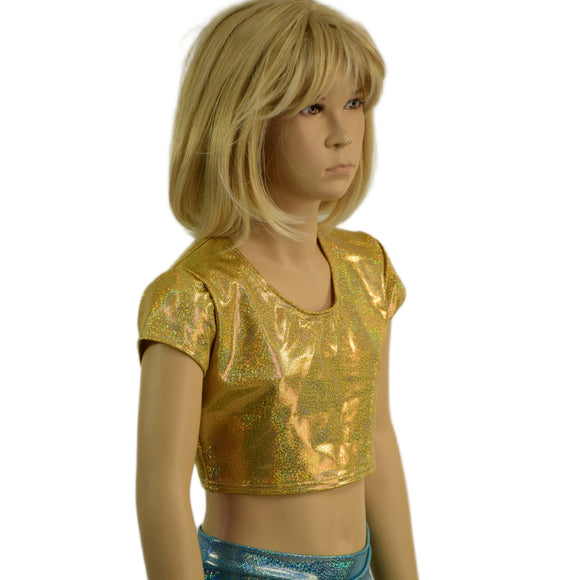 Girls Gold Sparkly Jewel Cap Sleeve Crop Top - Coquetry Clothing