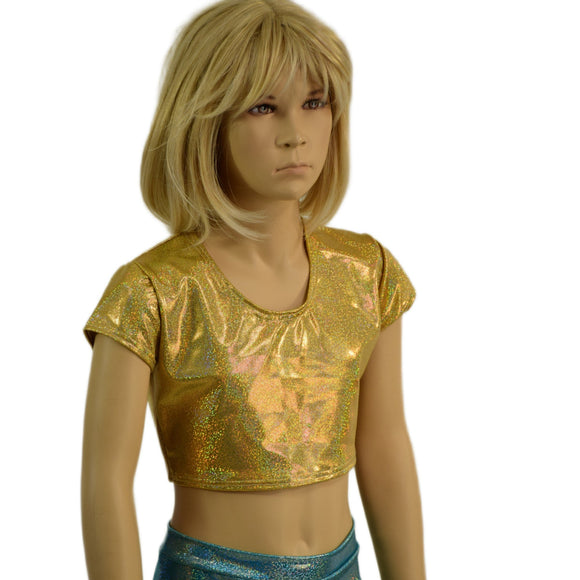 Girls Gold Sparkly Jewel Cap Sleeve Crop Top - Coquetry Clothing