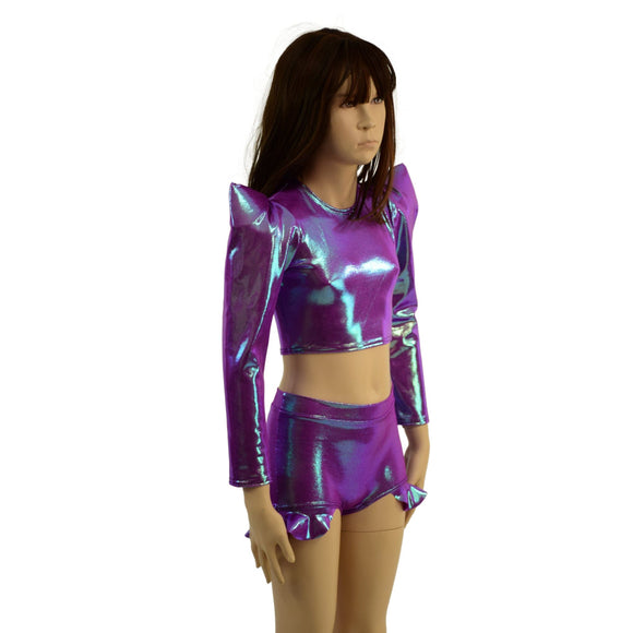 Girls High Waist Brief Cut Hip Ruffle Shorts and Sharp Shoulder Crop Top Set - Coquetry Clothing