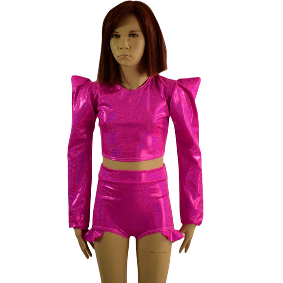 Girls High Waist Brief Cut Hip Ruffle Shorts and Sharp Shoulder Crop Top Set - Coquetry Clothing