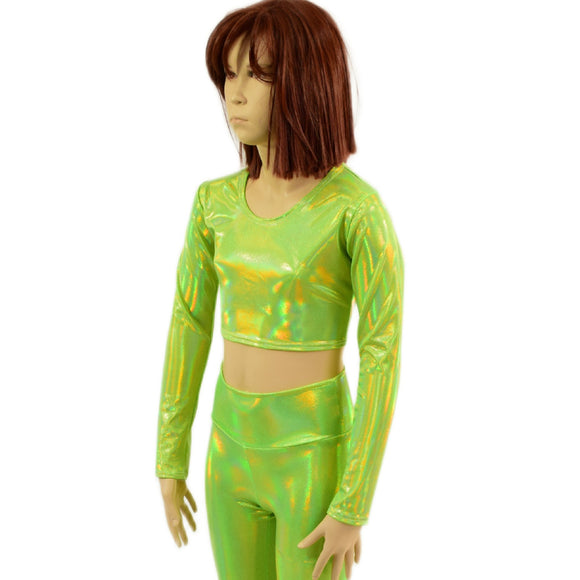 Girls Long Sleeve Crop Top in Neon Lime Holographic - Coquetry Clothing