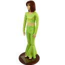 Girls Neon Lime Holographic Bell Bottoms and Long Sleeve Crop Top Set - Coquetry Clothing