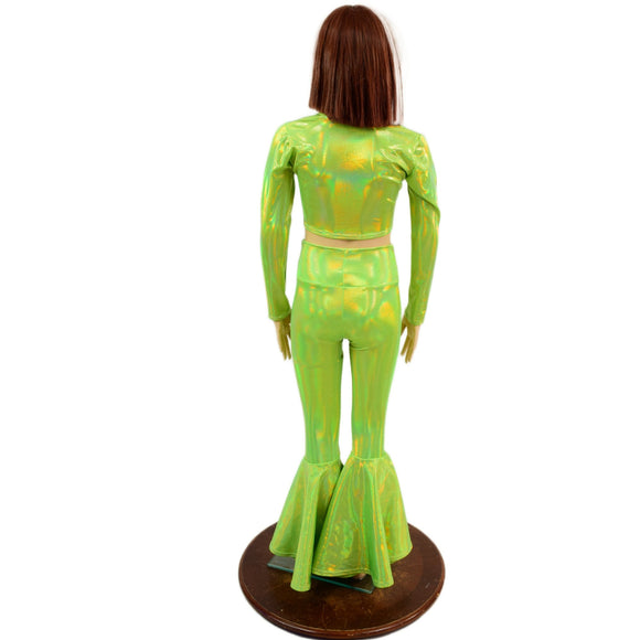Girls Neon Lime Holographic Bell Bottoms and Long Sleeve Crop Top Set - Coquetry Clothing