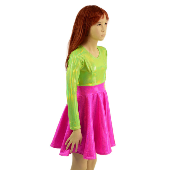 Girls Neon Pink and Green Skater Dress - Coquetry Clothing