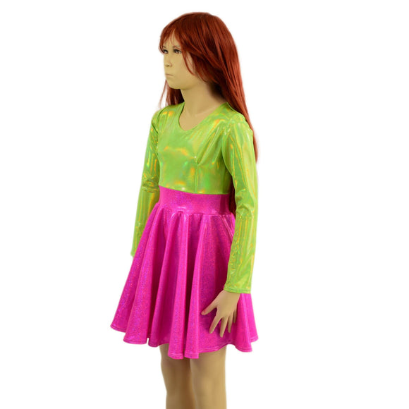 Girls Neon Pink and Green Skater Dress - Coquetry Clothing
