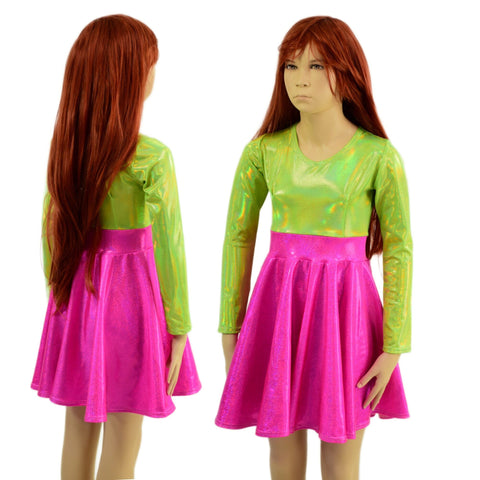 Girls Neon Pink and Green Skater Dress Coquetry Clothing 