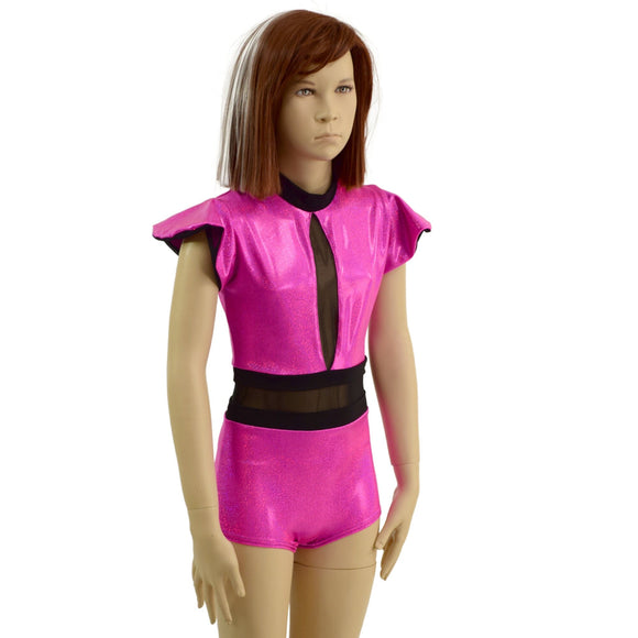 Girls Neon Pink Romper with Inset Keyhole and Mesh Waistband - Coquetry Clothing