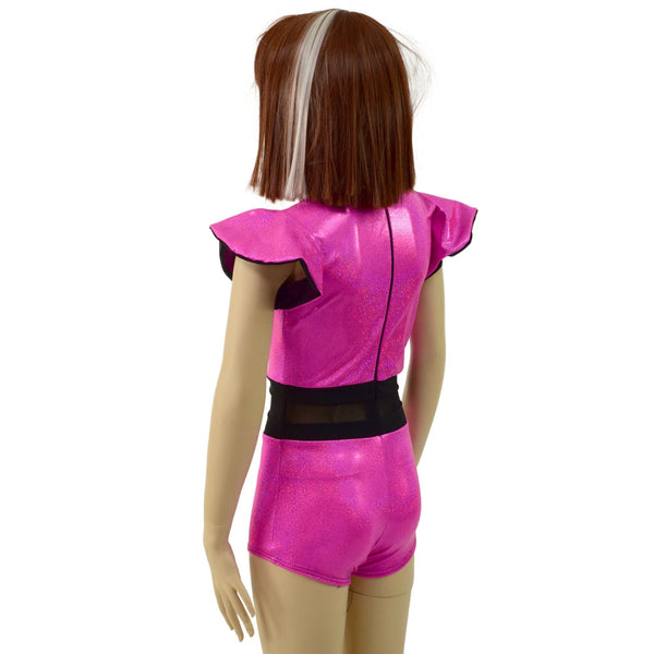 Girls Neon Pink Romper with Inset Keyhole and Mesh Waistband - 3