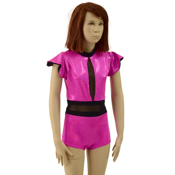 Girls Neon Pink Romper with Inset Keyhole and Mesh Waistband - Coquetry Clothing