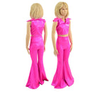 Girls Neon Pink Solar Flare Pants and Showtime Collar Sleeveless Crop Top Set - Coquetry Clothing