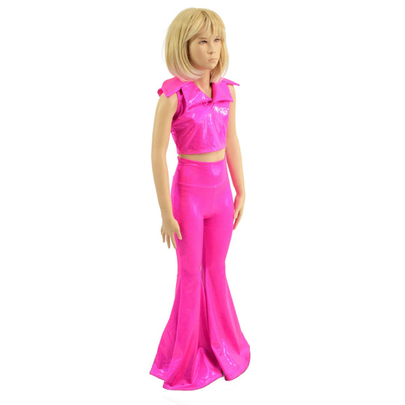 Girls Neon Pink Solar Flare Pants and Showtime Collar Sleeveless Crop Top Set - Coquetry Clothing