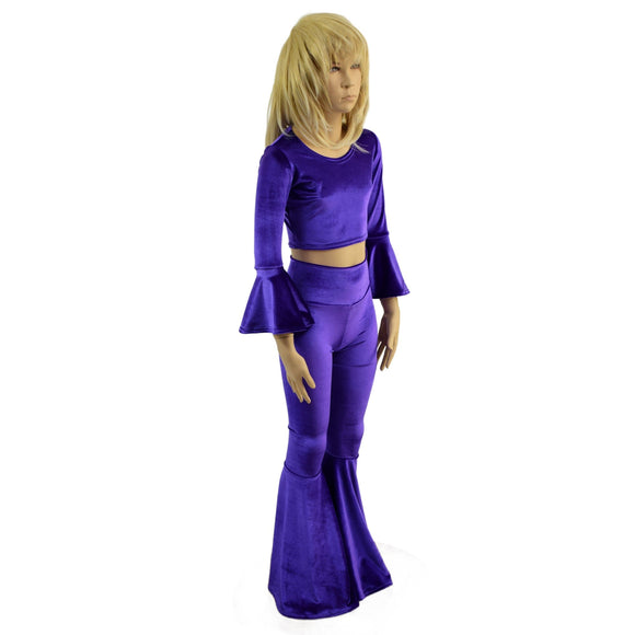 Girls Purple Velvet Trumpet Sleeve Crop & Bell Bottom Flares Set - Coquetry Clothing