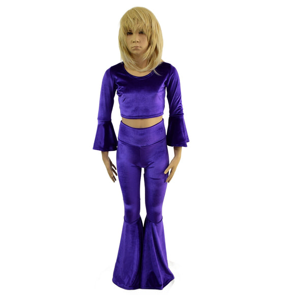 Girls Purple Velvet Trumpet Sleeve Crop & Bell Bottom Flares Set - Coquetry Clothing