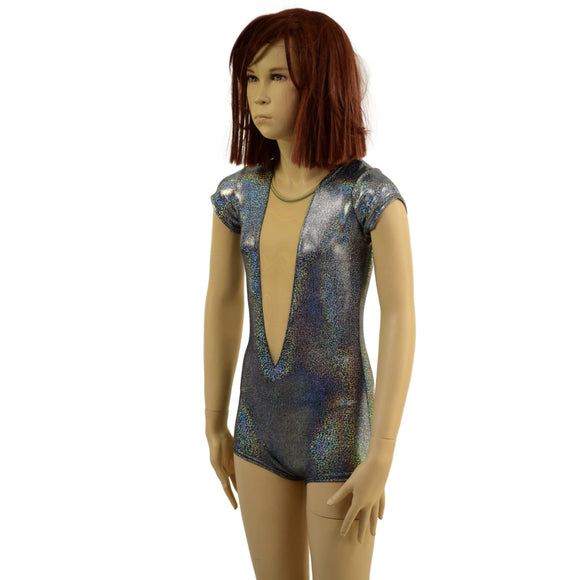 Girls Silver Holographic Romper with Plunging Mesh Inset Neckline - Coquetry Clothing
