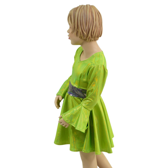 Girls Trumpet Sleeve Skater Dress in Neon Lime - Coquetry Clothing