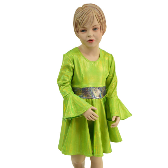 Girls Trumpet Sleeve Skater Dress in Neon Lime - Coquetry Clothing