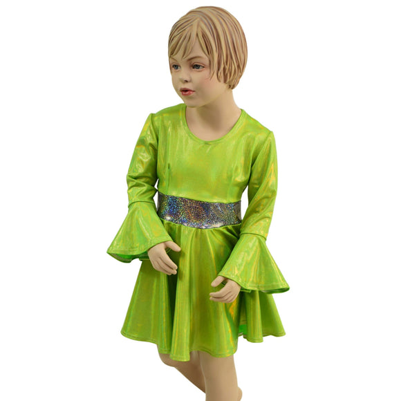 Girls Trumpet Sleeve Skater Dress in Neon Lime - Coquetry Clothing