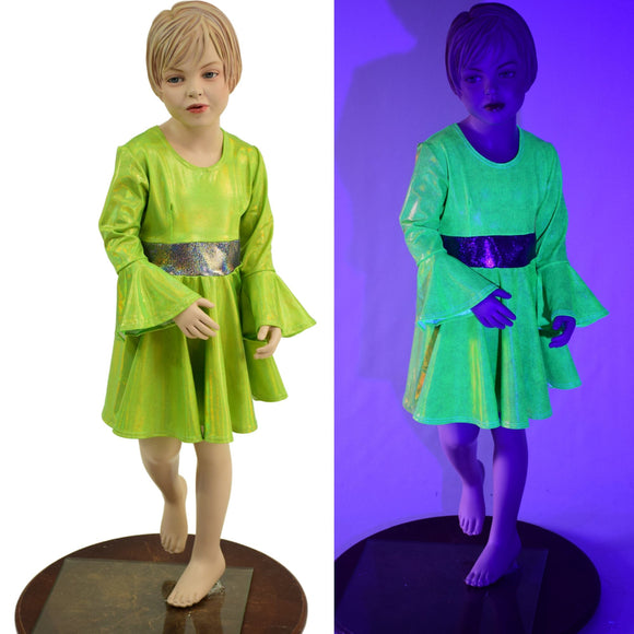 Girls Trumpet Sleeve Skater Dress in Neon Lime - Coquetry Clothing