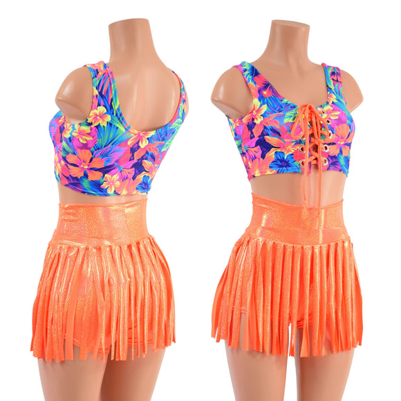 Gladiator Fringe High Waist Shorts & Lace Up Mini Tank Set - Coquetry Clothing