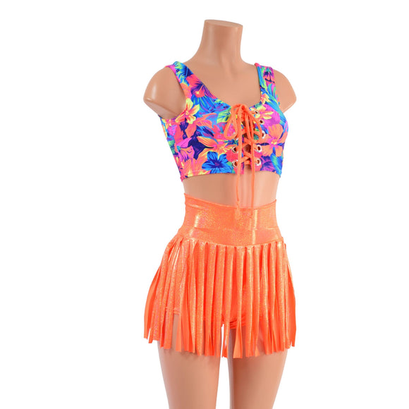Gladiator Fringe High Waist Shorts & Lace Up Mini Tank Set - Coquetry Clothing