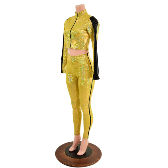 Gold and Black Zip Away Set (Leggings & Crop Top) - Coquetry Clothing
