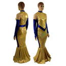 Gold and Blue Super Hero Fishtail Gown and Arm Warmers - Coquetry Clothing