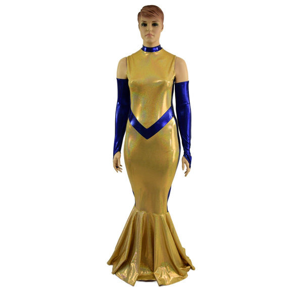 Gold and Blue Super Hero Fishtail Gown and Arm Warmers - Coquetry Clothing