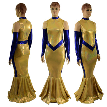 Gold and Blue Super Hero Fishtail Gown and Arm Warmers - Coquetry Clothing