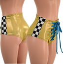 Gold and Peacock Front Lace Up Siren Shorts with Checkered Side Panels - Coquetry Clothing