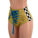 Gold and Peacock Front Lace Up Siren Shorts with Checkered Side Panels - Coquetry Clothing