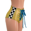 Gold and Peacock Front Lace Up Siren Shorts with Checkered Side Panels - Coquetry Clothing