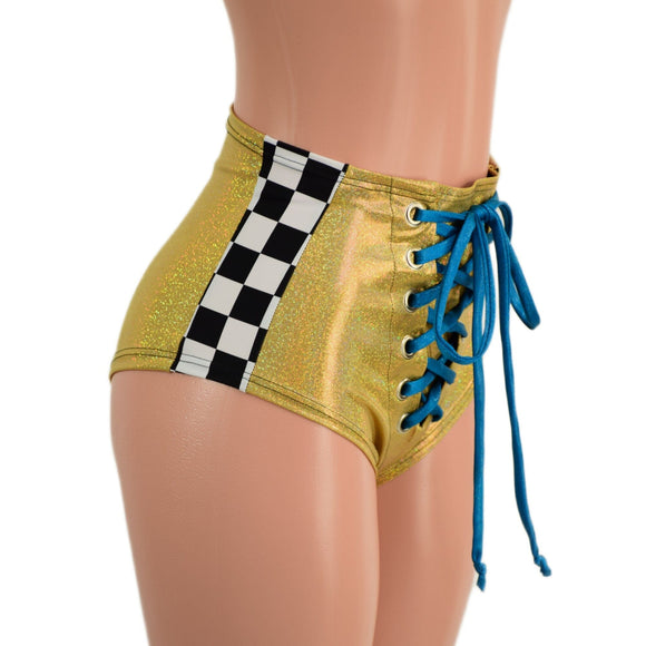 Gold and Peacock Front Lace Up Siren Shorts with Checkered Side Panels - Coquetry Clothing