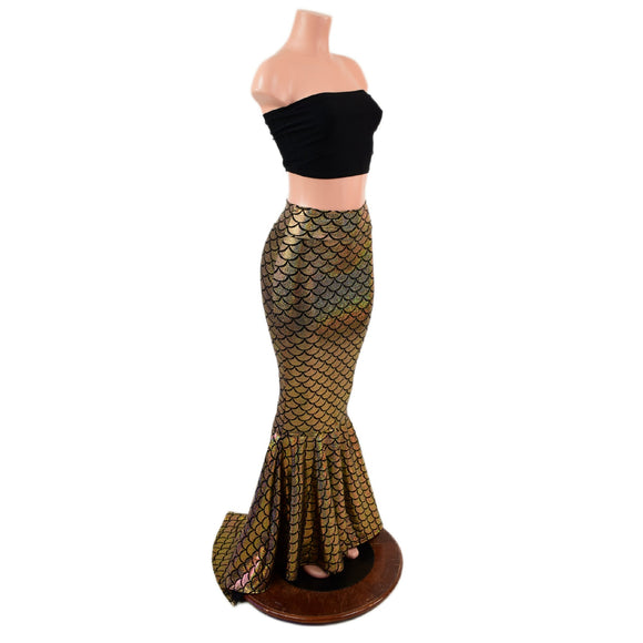 Gold Dragon Scale High Waist Mermaid Skirt with Puddle Train - Coquetry Clothing