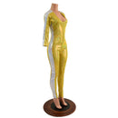 Gold Kaleidoscope Catsuit with Contrast Sleeve Stripes and Side Panels - Coquetry Clothing