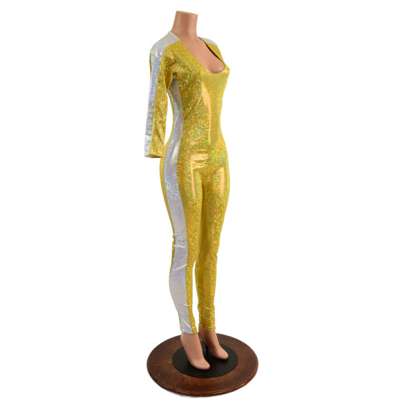 Gold Kaleidoscope Catsuit with Contrast Sleeve Stripes and Side Panels - Coquetry Clothing