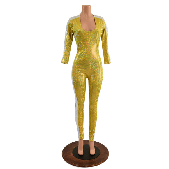 Gold Kaleidoscope Catsuit with Contrast Sleeve Stripes and Side Panels - Coquetry Clothing
