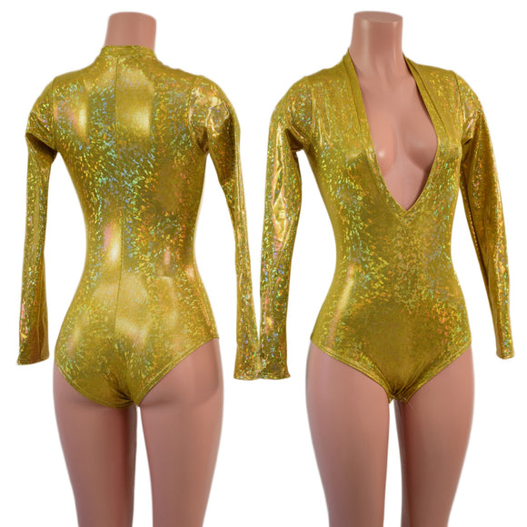 Gold Kaleidoscope Long Sleeve Siren Romper with Plunging V Neckline - Coquetry Clothing