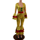 Gold Klown Jumpsuit with Green Stars and Red Stripes, Triple Tier Ruffled Bells - Coquetry Clothing