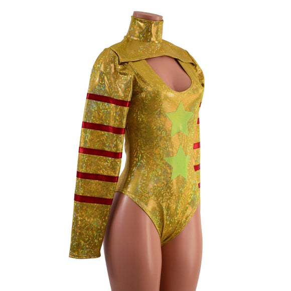 Gold, Red and Green Klown Romper with Brazilian Cut Leg - Coquetry Clothing