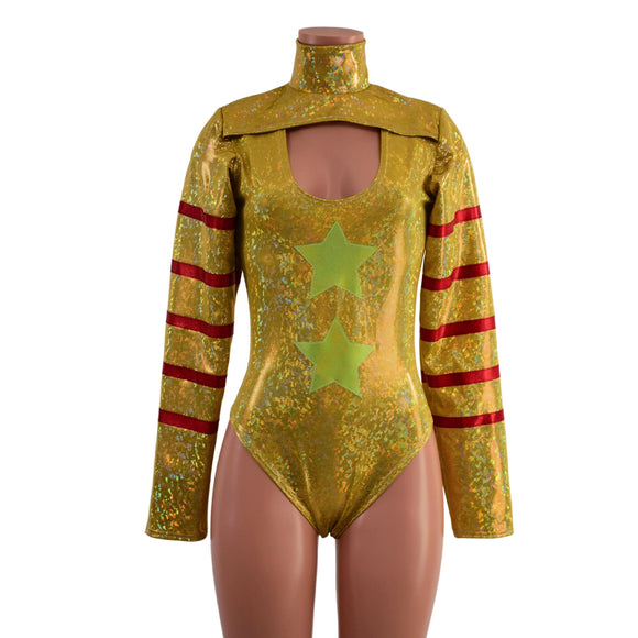 Gold, Red and Green Klown Romper with Brazilian Cut Leg - Coquetry Clothing