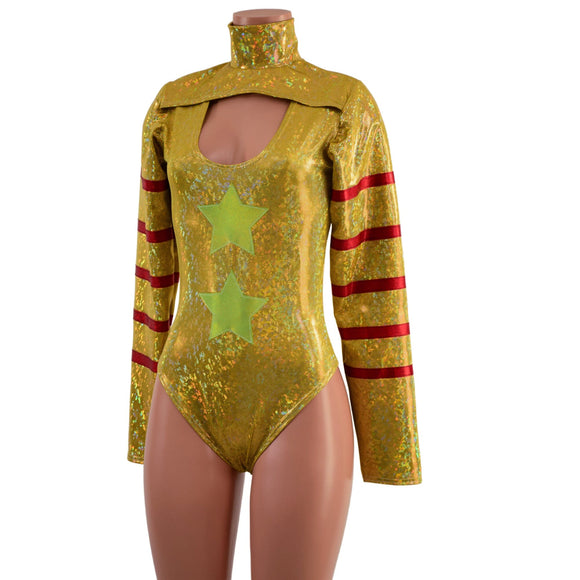 Gold, Red and Green Klown Romper with Brazilian Cut Leg - Coquetry Clothing