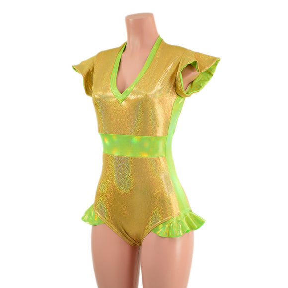 Gold Sparkly Jewel and Neon Lime Flip Sleeve Paneled Romper - Coquetry Clothing