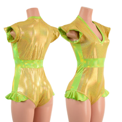Gold Sparkly Jewel and Neon Lime Flip Sleeve Paneled Romper - Coquetry Clothing