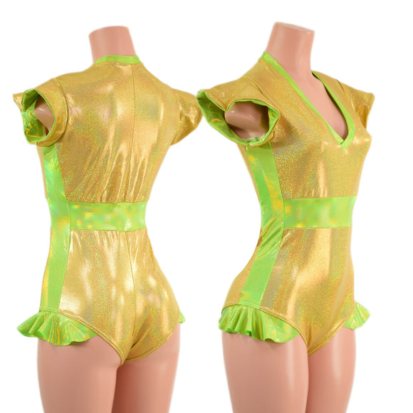 Gold Sparkly Jewel and Neon Lime Flip Sleeve Paneled Romper - Coquetry Clothing