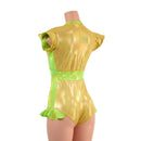 Gold Sparkly Jewel and Neon Lime Flip Sleeve Paneled Romper - Coquetry Clothing