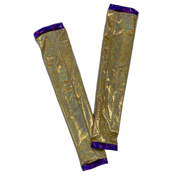 Gold Sparkly Jewel Arm Warmers with Grape Holo Trim - Coquetry Clothing